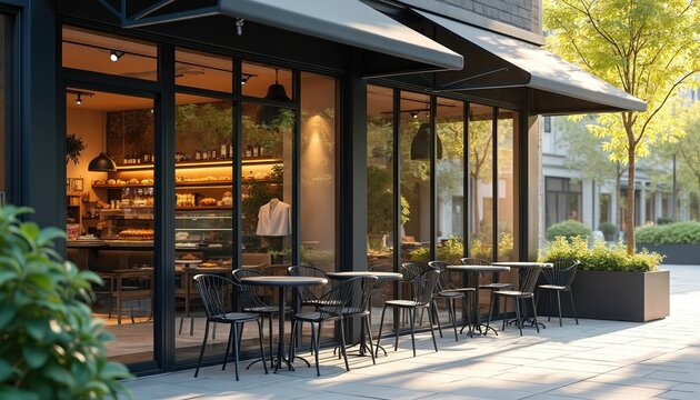 Modern cafe exterior with large glass windows and outdoor seating. Tables and chairs are set on a tiled patio. Bakery interior displays pastries. Trees and green plants surround the urban eatery.