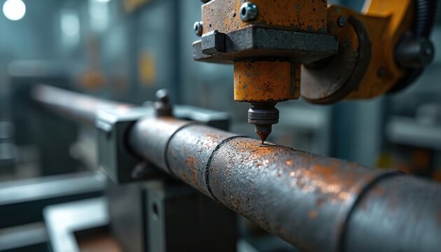 Automated machine marks metal pipe in industrial lab. Precision testing assesses structural integrity for construction, engineering projects. Quality control ensures material strength, safety