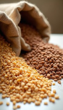 Dried yellow lentils and brown pellets spill from burlap sack. Grains used for food and animal feed. Natural organic farm product on white surface, healthy nutrition.