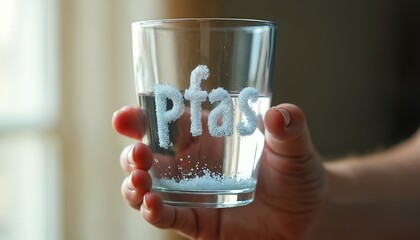 Hand holds glass of clear liquid with word pfas written in white particles. Tap water appears unsafe for drinking due to chemical contamination. Health hazard alert. © Maryna