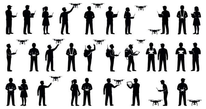 Drone Operators Silhouettes Set Pack. Editable Vector Stroke Illustration. featuring drone, operator, control, remote, pilot, aerial, flying, uav, quadcopter, technology, aviation, exploration more