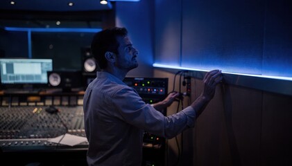 Naklejka premium Medium shot of a technician setting accent strip lighting to deep blue hues highlighting the modern studio ambiance with recording consoles softly out of focus.
