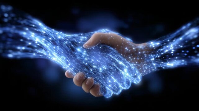 Connectioneering represented by a handshake transforming into abstract data streams, blending physical human contact with digital collaboration