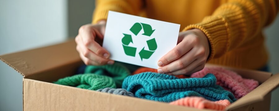 Person holds recycle sign above box full of colorful folded clothes. Donate textiles, reuse fabric items, help environment. Sort garments for thrift store, reduce waste.