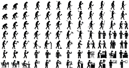 Human Evolution Silhouettes Set Pack. Editable Vector Stroke Illustration. featuring evolution, human, development, progress, graphic, illustration, vector, ancestral, ape, primate, upright more © MasterTech
