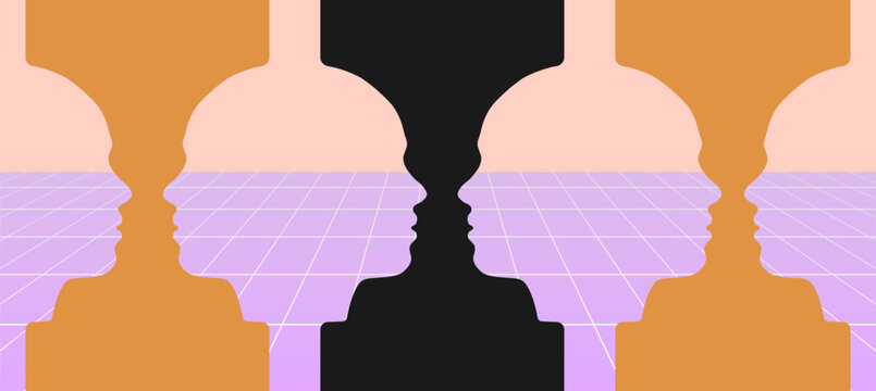 Vector illustration depicting an optical illusion of mirrored human profiles forming vase-like shapes through negative space.