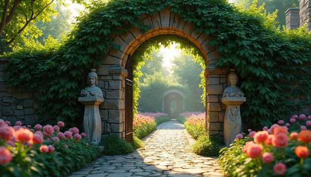 Stone archway covered in green ivy leads to a lush garden path lined with pink flowers. Sunlight filters through trees creating a magical entrance. Statues guard the stone wall.