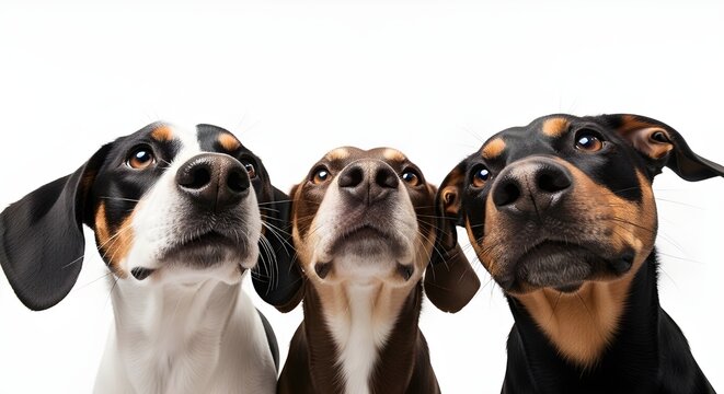 Banner de primer plano con la cabeza de tres perros escondidos hambrientos.
 Aislado sobre fondo blanco.