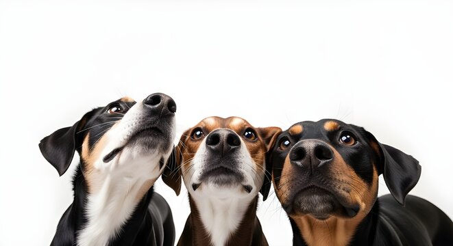 Banner de primer plano con la cabeza de tres perros escondidos hambrientos.
 Aislado sobre fondo blanco.