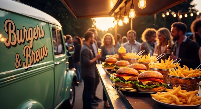 festival de comida callejera puesto de comida r&aacute;pida hamburguesas pollo shawarma papel cajas para llevar moderno cami&oacute;n gente efecto bokeh foto hiperrealista iluminaci&oacute;n cinematogr&aacute;fica fotograf&iacute;a cal