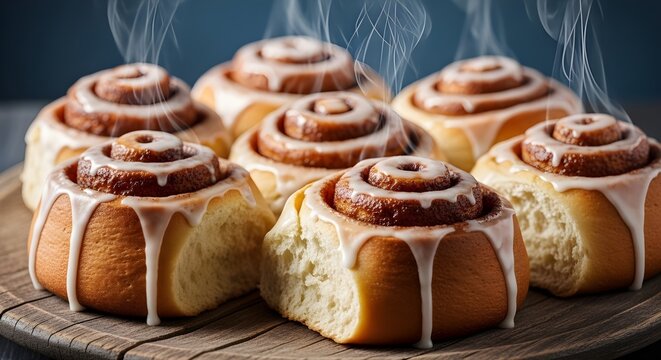 Primer plano de rollos de canela con glaseado sobre tabla de roble, luz de la cocina matutina, caf&eacute; y chocolate caliente, pasteles dorados con glaseado goteante, acogedora escena de desayuno, fotograf