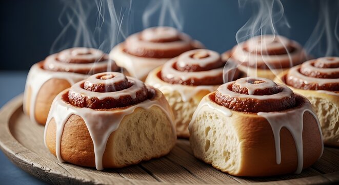 Primer plano de rollos de canela con glaseado sobre tabla de roble, luz de la cocina matutina, caf&eacute; y chocolate caliente, pasteles dorados con glaseado goteante, acogedora escena de desayuno, fotograf