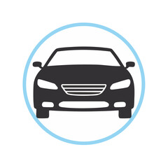 Obraz premium Front view of a dark car icon inside a blue circle