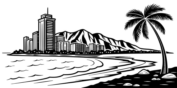 USA, US, U.S, United States - Coastal City Skyline Art Print &ndash; Minimal Black & White Beach Illustration with Palm Tree & Mountains | Modern Urban Wall Art for Home Decor & Travel Lovers
