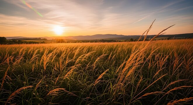 Hermoso paisaje natural panor&aacute;mico.
 Floreciendo hierba alta salvaje en la naturaleza al atardecer c&aacute;lido verano.
 Paisaje pastoral.
 Enfoque selectivo en primer plano.