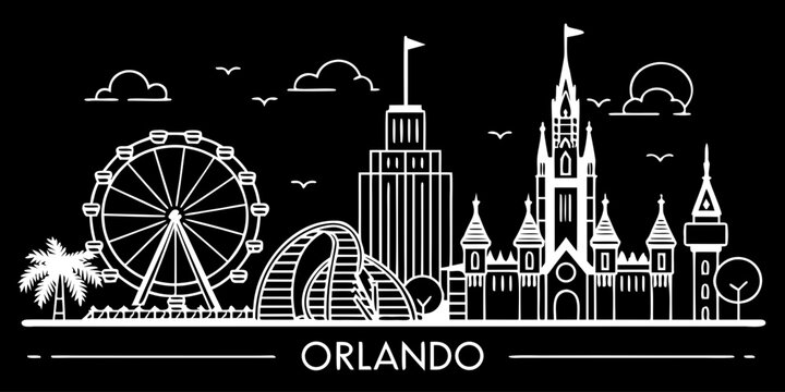 USA, US, U.S, United States - Orlando Florida Skyline Art Print &ndash; Modern Minimal Theme Park Illustration Poster | Iconic Cityscape Wall Art for Home Decor & Travel Lovers
