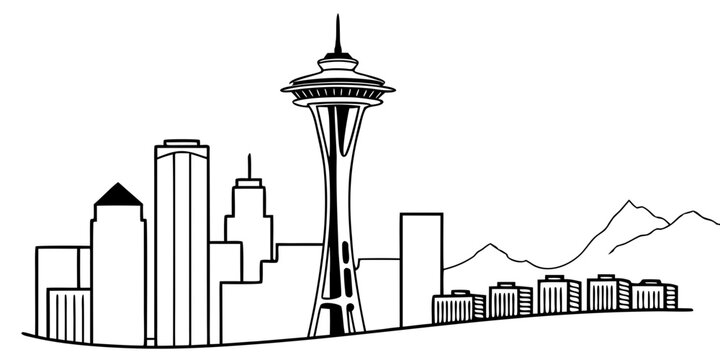 USA, US, U.S, United States - Seattle Skyline Line Art Poster &ndash; Minimalist Black and White Space Needle Silhouette, Modern Monochrome Cityscape Wall Art, USA Travel Architecture Illustration
