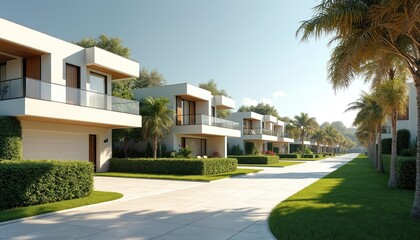 Obraz premium Line of modern white houses with balconies on a sunny suburban street. Manicured lawns and palm trees line the paved driveway leading to contemporary homes.