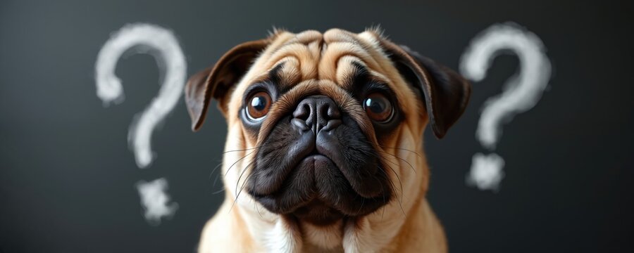 Pug dog face with curious eyes and question marks drawn behind. Dog seems confused or seeking answers. Dark background highlights pet face. Animal looks directly at camera.