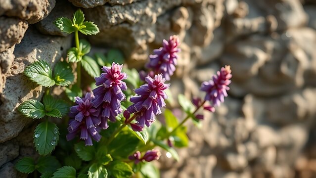 hyssop. Purple hyssop flowers growing from limestone cracks with morning dew. gardening catalogs, home-decor guides, designed for gardening and botanical catalogs.