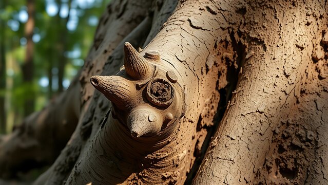 lignin. Close-up of a tree root with knotted protrusions and rough texture in a woodland. ESG reports, sustainability campaigns, designed for sustainability communications and ESG reporting.