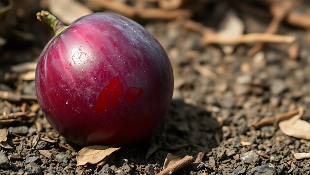 infamy. A ripe plum fallen on the ground with purple-red bruise marks, natural lighting, shallow depth of field. gardening catalogs, home-decor guides, designed for gardening and botanical catalogs.
