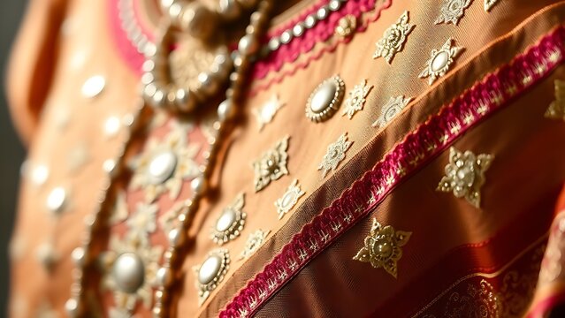 shockabsorber. Close-up of a traditional garment with intricate mirror work and silk embroidery. STEM education sheets, lab safety posters, designed for biotech research communications.