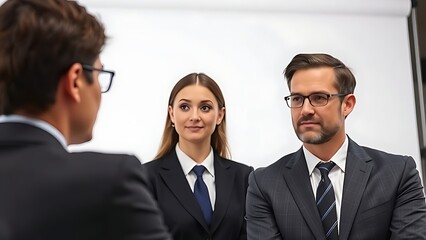 Fototapeta premium applicant. Professional job interview with candidate and interviewer in business attire. pitch deck slides, case study pages, designed for enterprise HRIS and productivity software interfaces.