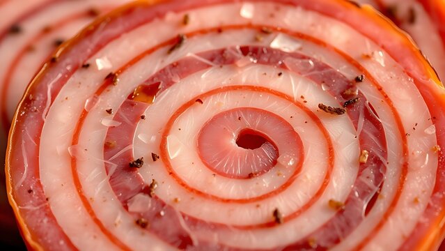 yanked. Close-up of a mortadella slice showing its marbled pattern of meat and fat. menu design, packaging mockups, designed for food delivery and cloud-kitchen brand materials, used by hr managers.
