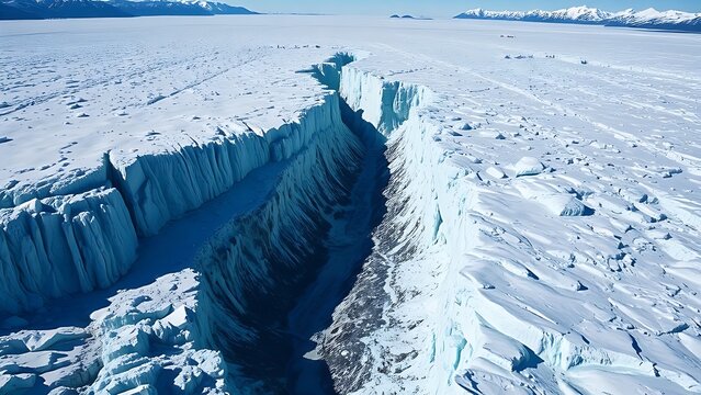 monopole. A vast glacier with a deep, dark crevasse splitting its surface, cold blue and white tones. travel magazines, destination branding, designed for outdoor magazines and nature guides.
