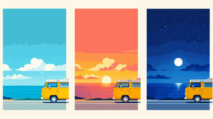 Travel by van car to coastline for wallpaper, postcards, illustration posters, banners, advertising, colorful seascape background at. morning, sunset and night. © Soraemonz