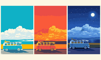 Travel by van car collection for wallpaper, postcards, illustration posters, banners, advertising, colorful seascape background at morning, sunset and night. © Soraemonz