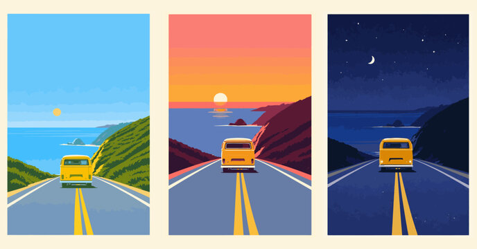Travel by van car camper to the sea for wallpaper, postcards, illustration posters, banners, advertising, seascape colorful morning, sunset and night background.