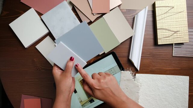 female designer hand holding paint and material samples for interior design project 