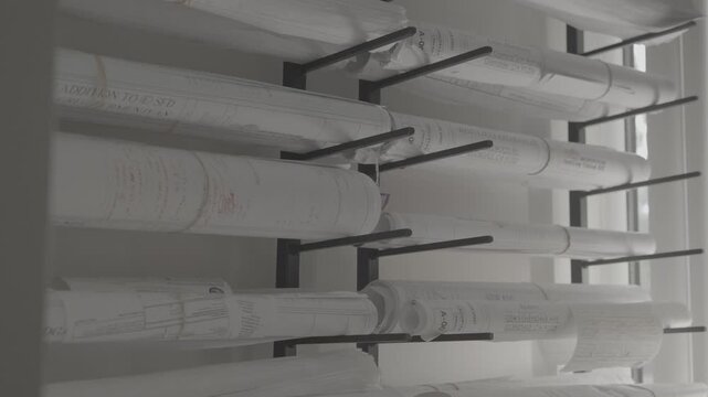 A close-up shot of a person's hand reaching out to select and remove a rolled architectural blueprint from a metal storage rack in a professional design office setting.

