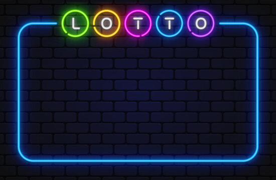 Colorful neon lotto lettering inside glowing rectangular border on brick texture. Gambling inspired background suitable for lottery ads and entertainment graphics.