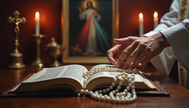 Catholic priest counts prayer beads on open bible near altar with candles. Sacred image of Jesus above, reflecting divine mercy and devotion. Holy ritual prayer.