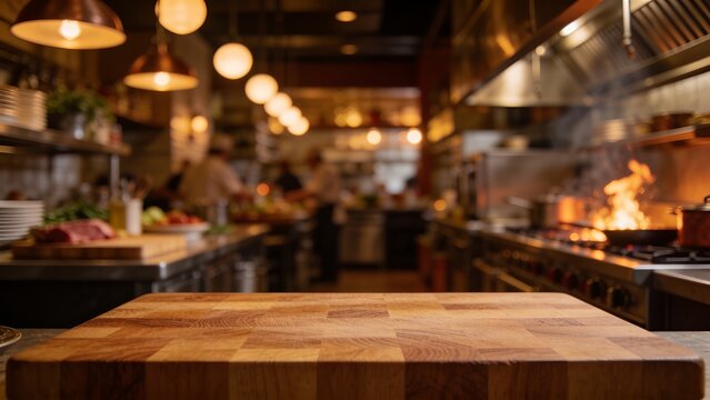 Empty wooden cutting board in a professional kitchen with chefs preparing food in the background