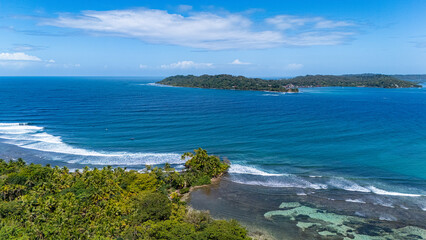 Fototapeta premium Aerial View from Isla Carenero to Isla Bastimentos in Panama at Bocas del Toro