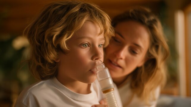 Child experiencing allergic reaction receiving nebulizer treatment from school nurse in medical room while parent arrives through doorway, perfect for asthma management emergency response pediatric