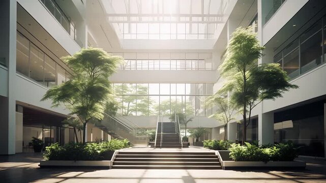 Bright corporate atrium with abundant skylight, modern architecture and integrated biophilic design featuring trees and lush plants for a welcoming, sustainable workspace