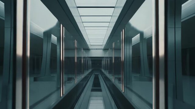 Modern architectural design forming a symmetrical urban pathway, reflecting light and creating a sense of a minimalist, empty passage for contemporary urban living and future travel infrastructure