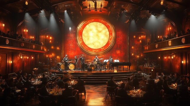 Art Deco Jazz Club: A stylish Art Deco jazz club with golden accents, geometric patterns, and smooth jazz musicians playing on stage. The room is bathed in soft, warm lighting, with guests in vintage 