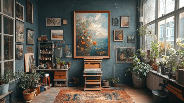 Art on the walls: Display your own work or pieces that inspire you. It&acirc;&euro;&trade;s a great way to keep the creative energy flowing. --ar 16:9 --stylize 750 --v 6.1 Job ID: 376a0d23-b475-4d8b-a67c-ecf38ef4a736