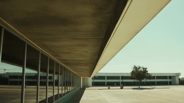 Long glass facade of a contemporary building reflecting a wide, empty concrete area and clear sky, conveying a sense of minimalism and expansive urban design