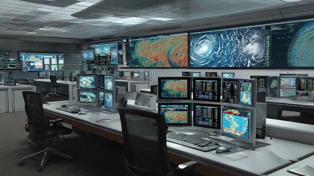 Control room with multiple screens displaying real time weather data, digital maps, and environmental monitoring systems, facilitating critical decision making and forecasting