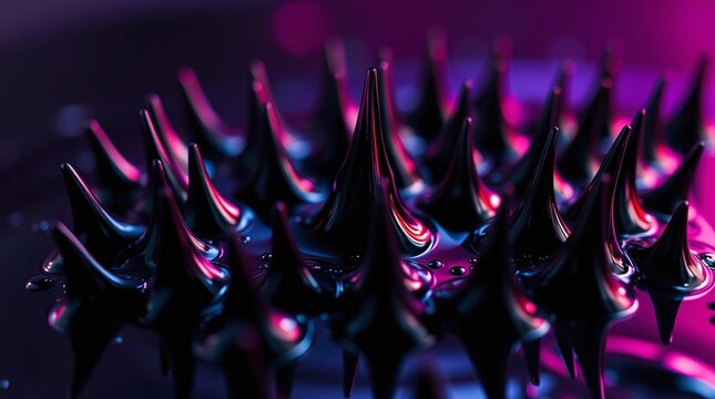 Abstract Black Ferrofluid Spikes with Neon Purple Rim Light