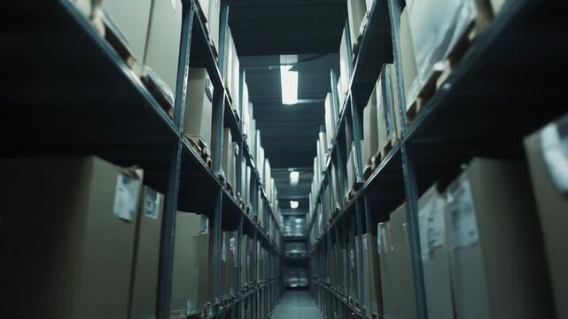 Warehouse aisle view with neatly stacked cardboard boxes on metal shelves, highlighting efficient inventory management, logistics, and supply chain operations within a large distribution center