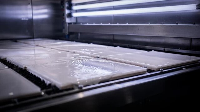 Medium shot of coated panels exposed to intense UV light in a curing chamber emphasizing rapid polymerization under ultraviolet radiation.