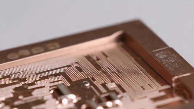 Copper circuitry forming detailed patterns on a metallic surface, illustrating advanced technology, electronic components, and intricate industrial design